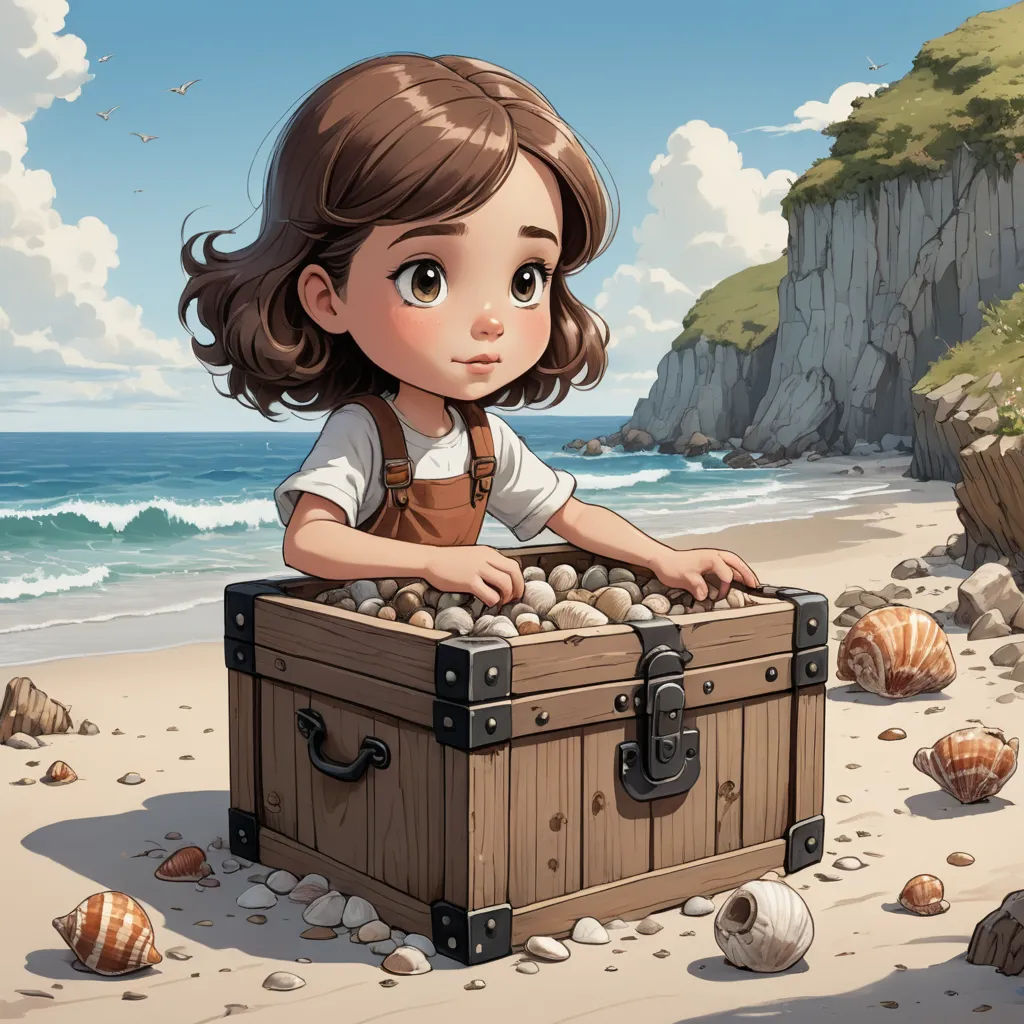 a girl is standing on the beach with a trunk of shells in front of her and a cliff in the background, fantasy art, a storybook illustration, Cliff Childs, trending on art station