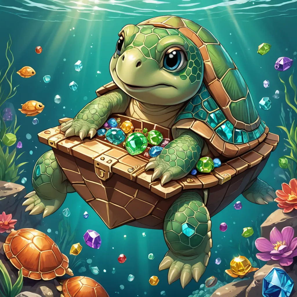 a turtle with jewels in its chest floating in the ocean with a box of jewels in its mouth and a fish swimming around, sots art, a character portrait, Aquirax Uno, game art