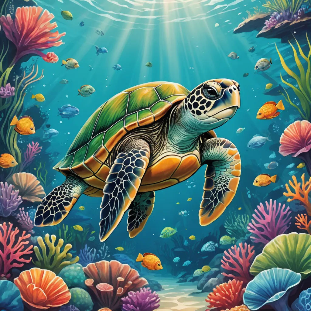 a painting of a turtle swimming in the ocean with corals and other sea life around it, with sunlight shining through the water, psychedelic art, an airbrush painting, Chris LaBrooy, highly detailed digital painting