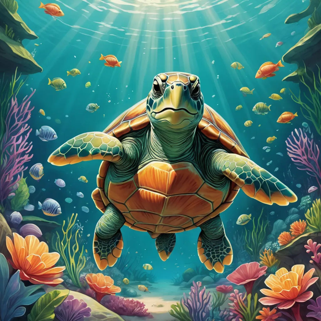 a turtle swimming in the ocean with a lot of fish around it's neck and head, with a sunbeam above it, psychedelic art, an airbrush painting, Chris LaBrooy, highly detailed digital painting