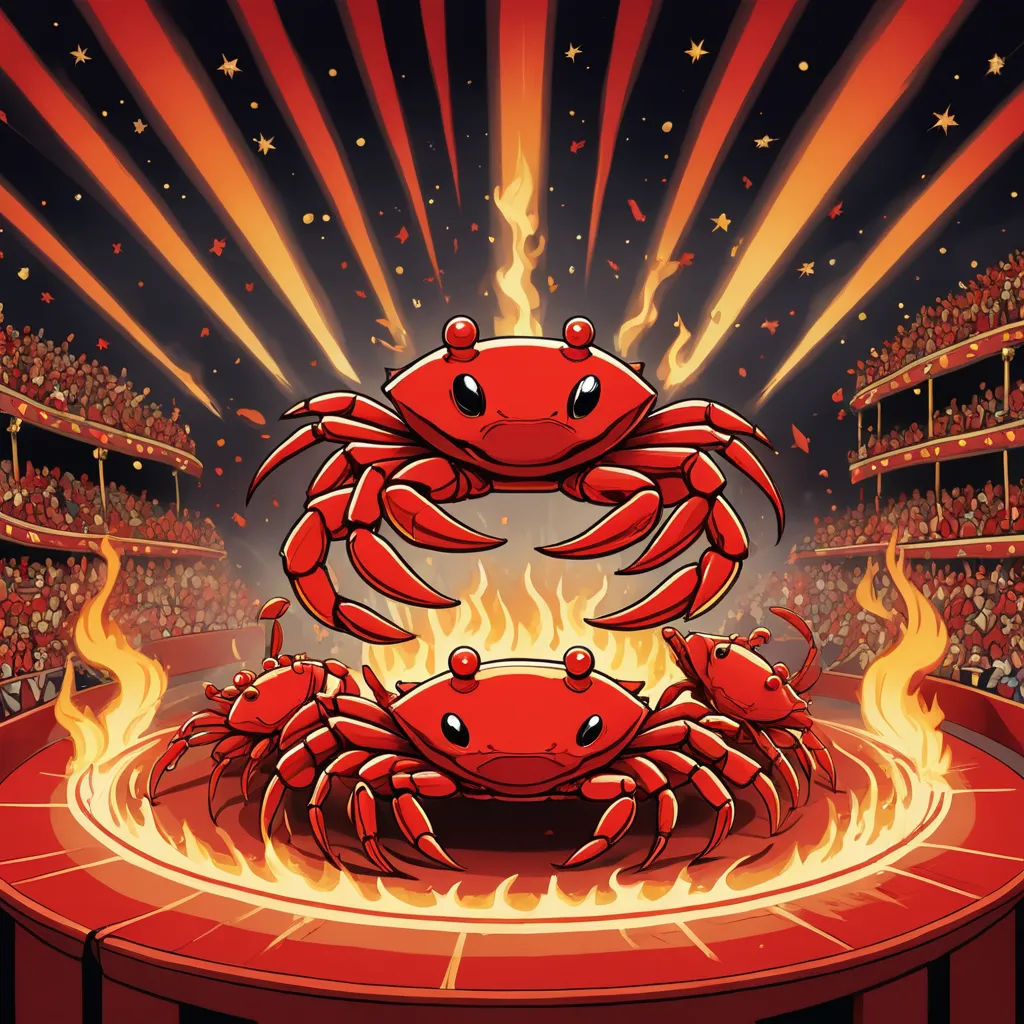 a cartoon crab sitting on top of a fire pit in a stadium with a crowd of people watching it, precisionism, a storybook illustration, Dirk Crabeth, promotional image