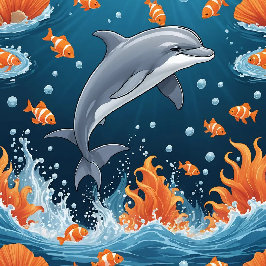 a dolphin swimming in the ocean surrounded by fish and corals with bubbles and bubbles around it, with a background of orange fish, pop surrealism, a storybook illustration, David Martin, detailed illustration