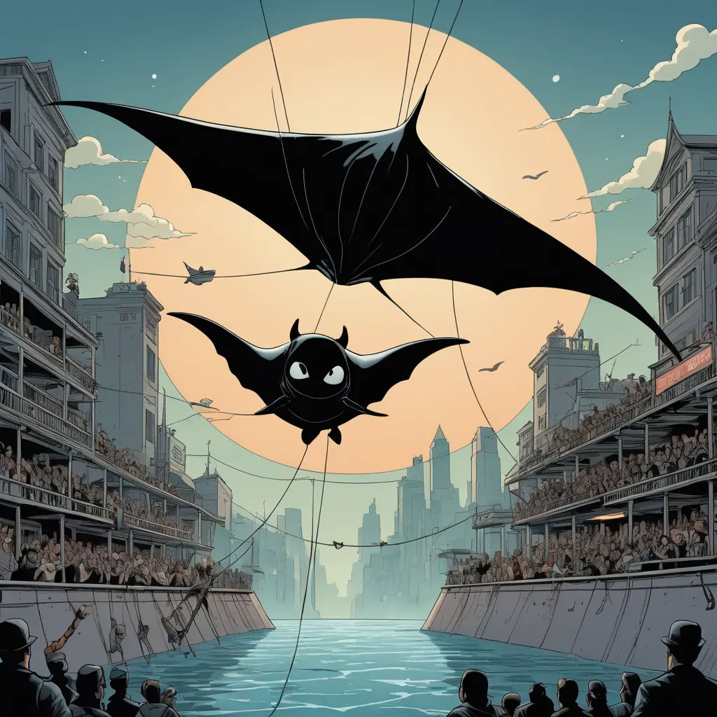 a bat flying over a city with a crowd of people watching it from a boat in the water at sunset, fantasy art, a storybook illustration, Dan Mumford, josan gonzales and dan mumford