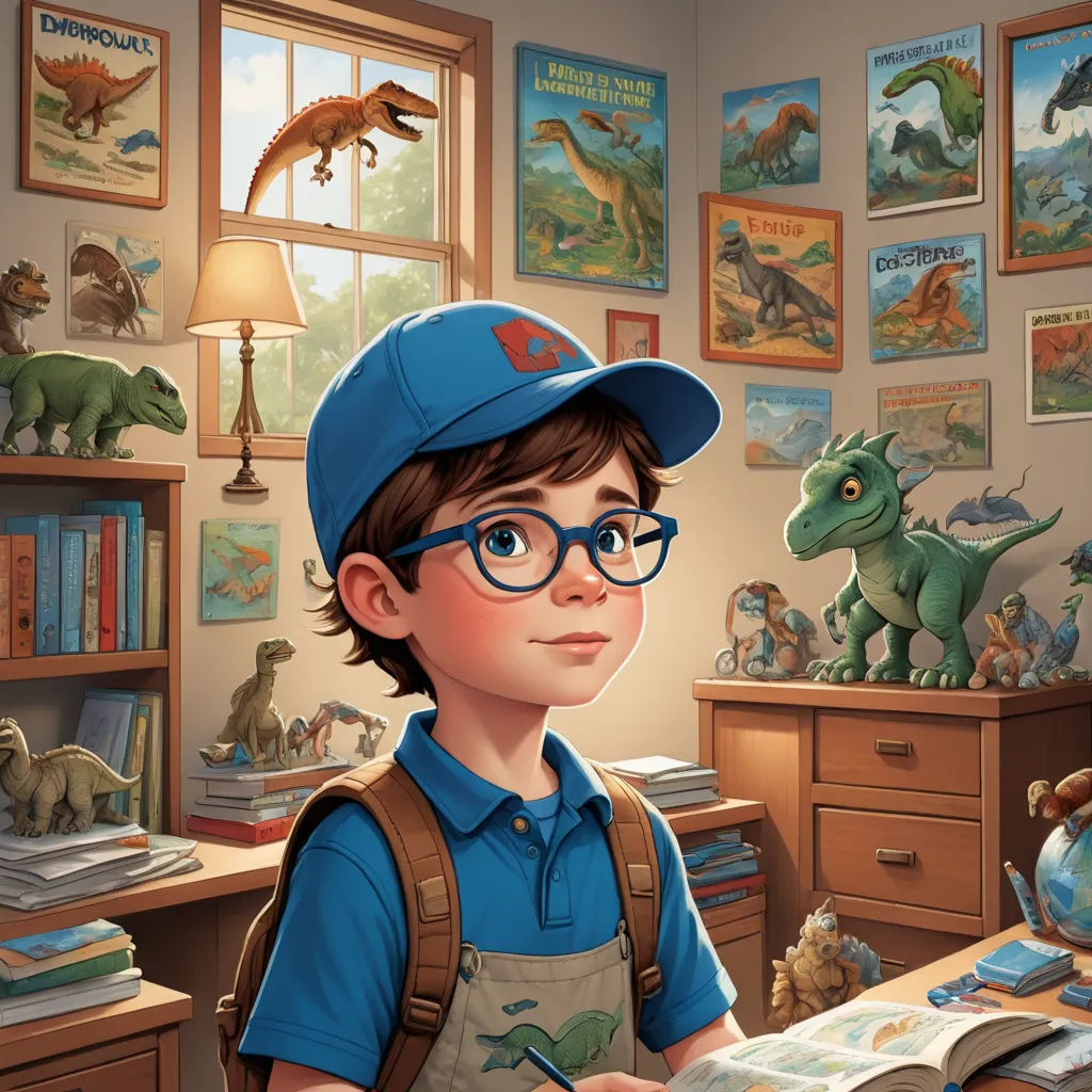 a boy in a blue shirt and hat is reading a book in a room with dinosaurs on the wall, photorealism, a storybook illustration, Adam Rex, rossdraws global illumination