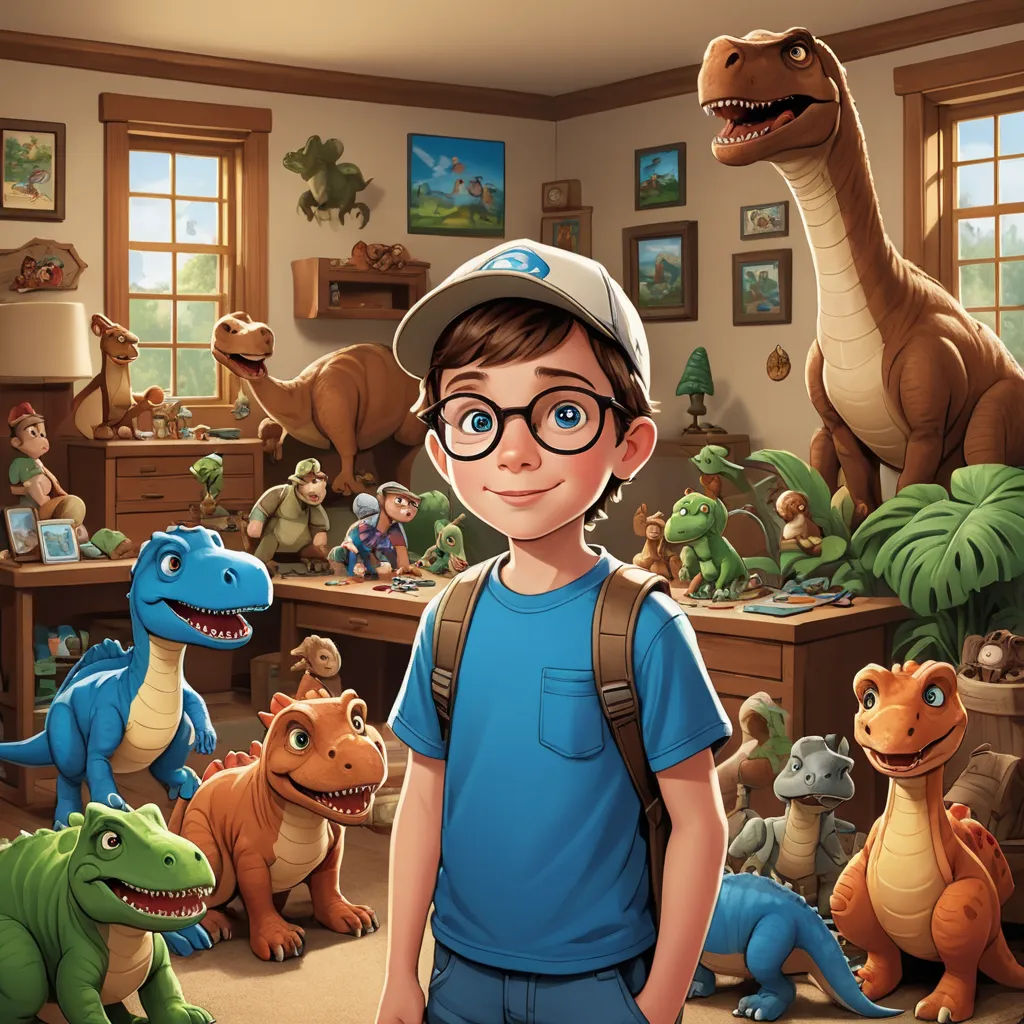 a boy in a blue shirt and glasses standing in front of a room full of dinosaurs and dinosaurs in a museum, photorealism, a storybook illustration, Adam Rex, rossdraws global illumination