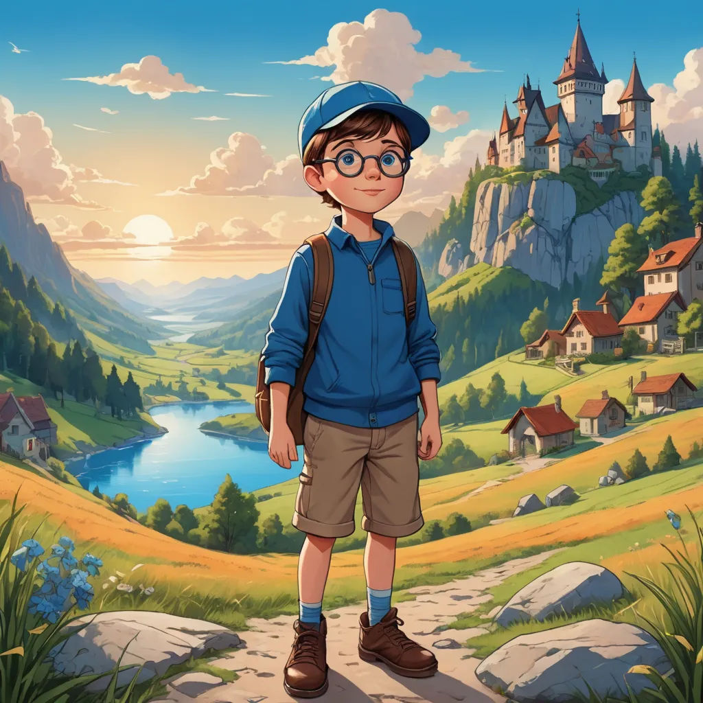 a boy in a blue shirt and hat standing in front of a scenic landscape with a lake and a castle, sots art, a detailed matte painting, Christophe Vacher, official art