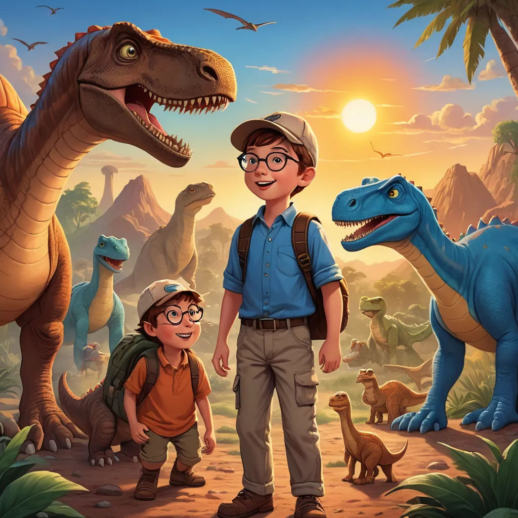 a boy and a boy are standing in front of a dinosaur and a man with a backpack and glasses, sots art, a storybook illustration, Adam Rex, key art