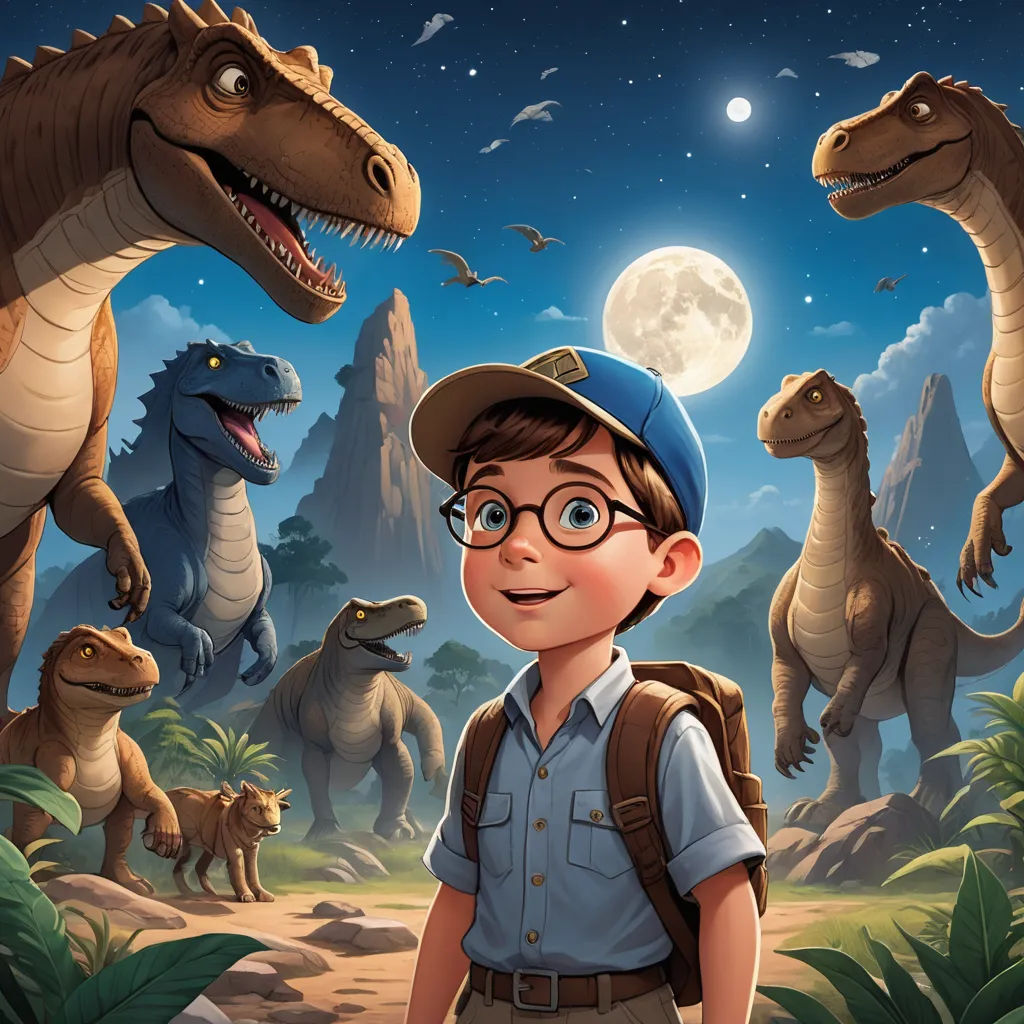 a boy in a hat and glasses standing in front of a group of dinosaurs and a full moon in the sky, sots art, a storybook illustration, Adam Rex, key art