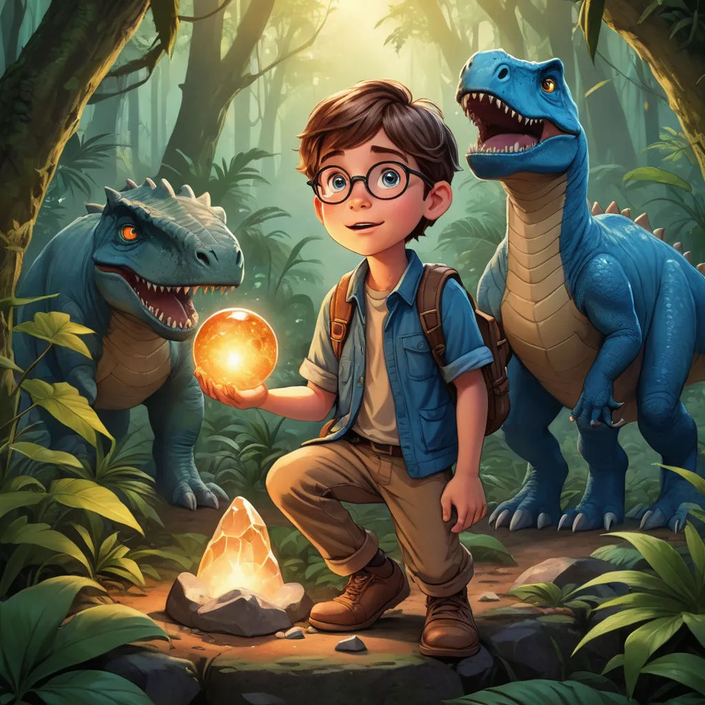 a boy holding a glowing ball in front of two dinosaurs in a forest with a fire pit in his hand, sots art, concept art, Adam Rex, rossdraws global illumination