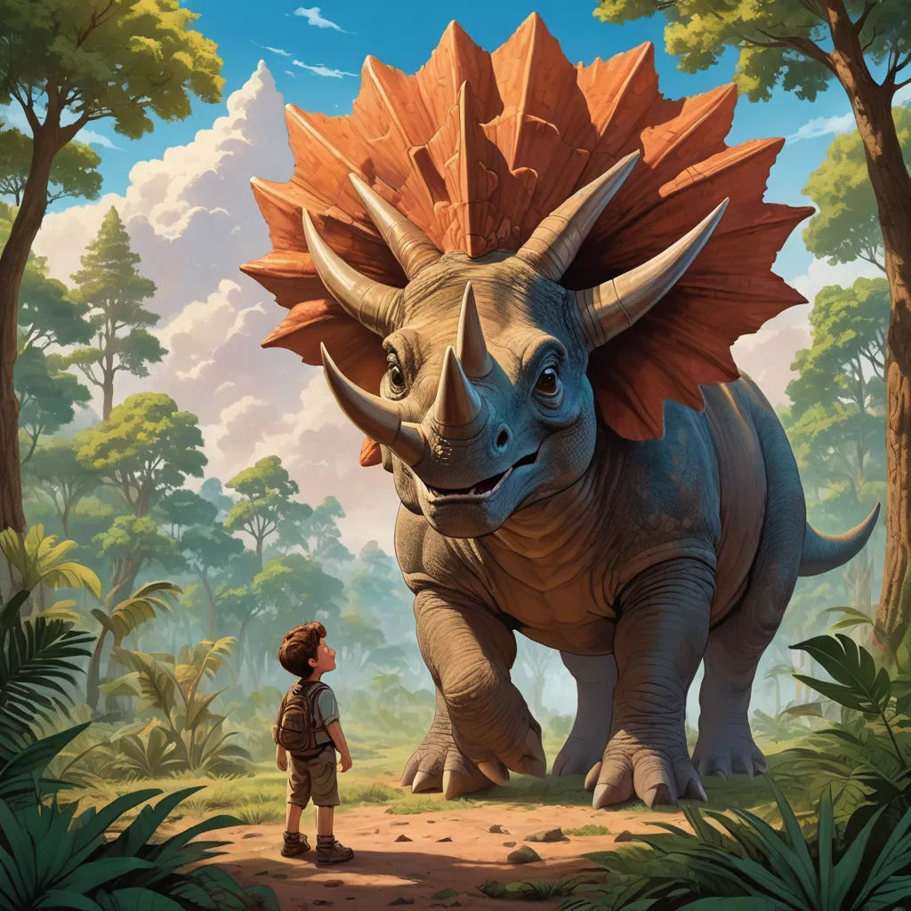 a boy standing next to a rhino in a forest with trees and clouds in the background and a painting of a rhino, fantasy art, a storybook illustration, Adam Rex, rossdraws global illumination