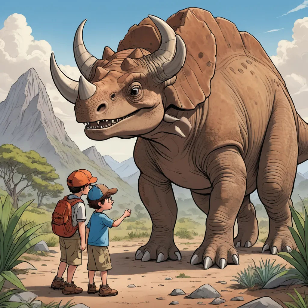 a boy and a girl are standing in front of a dinosaur with a huge head and horns on it, lyco art, a storybook illustration, Adam Rex, storybook illustration