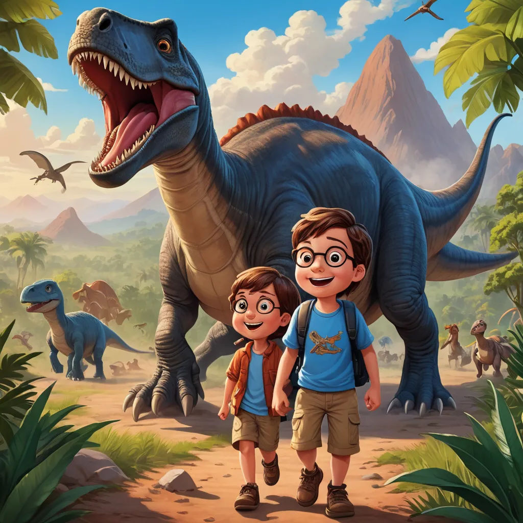 a boy and a boy standing in front of a dinosaur with a large mouth and a huge dinosaur behind him, sots art, concept art, Adam Rex, key art