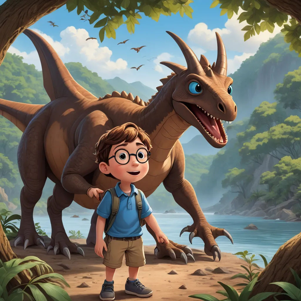 a boy with glasses and a backpack standing in front of a dinosaur in a forest with a lake and mountains, sots art, a storybook illustration, Adam Rex, rossdraws global illumination