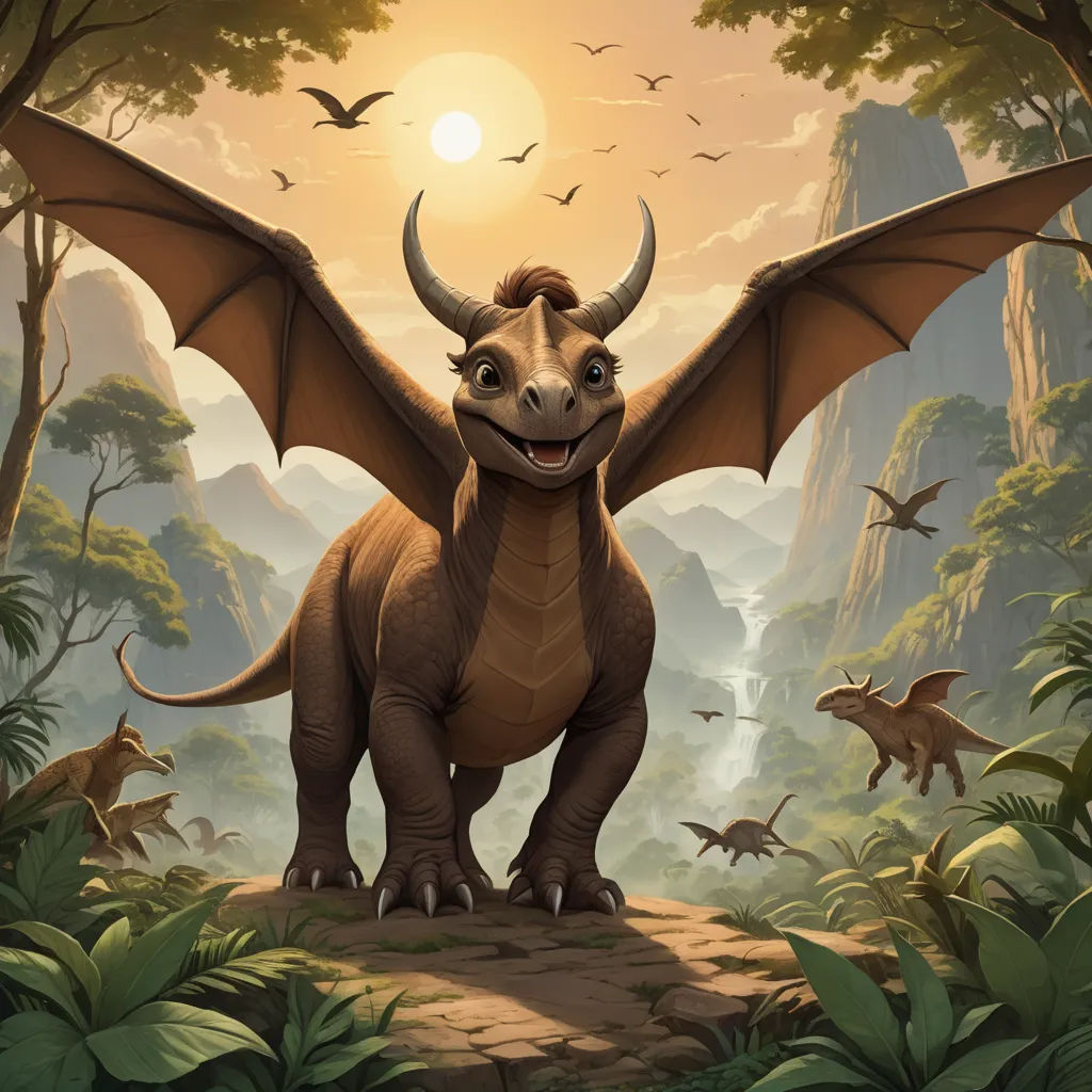 a cartoon of a dragon with wings spread out in a forest with birds flying overhead and a sun in the background, altermodern, concept art, Chris LaBrooy, dragon art