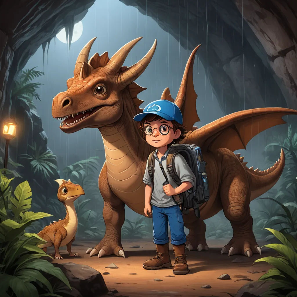 a boy with a backpack standing next to a dinosaur in a cave with a light on it's head, lyco art, concept art, Adam Rex, key art