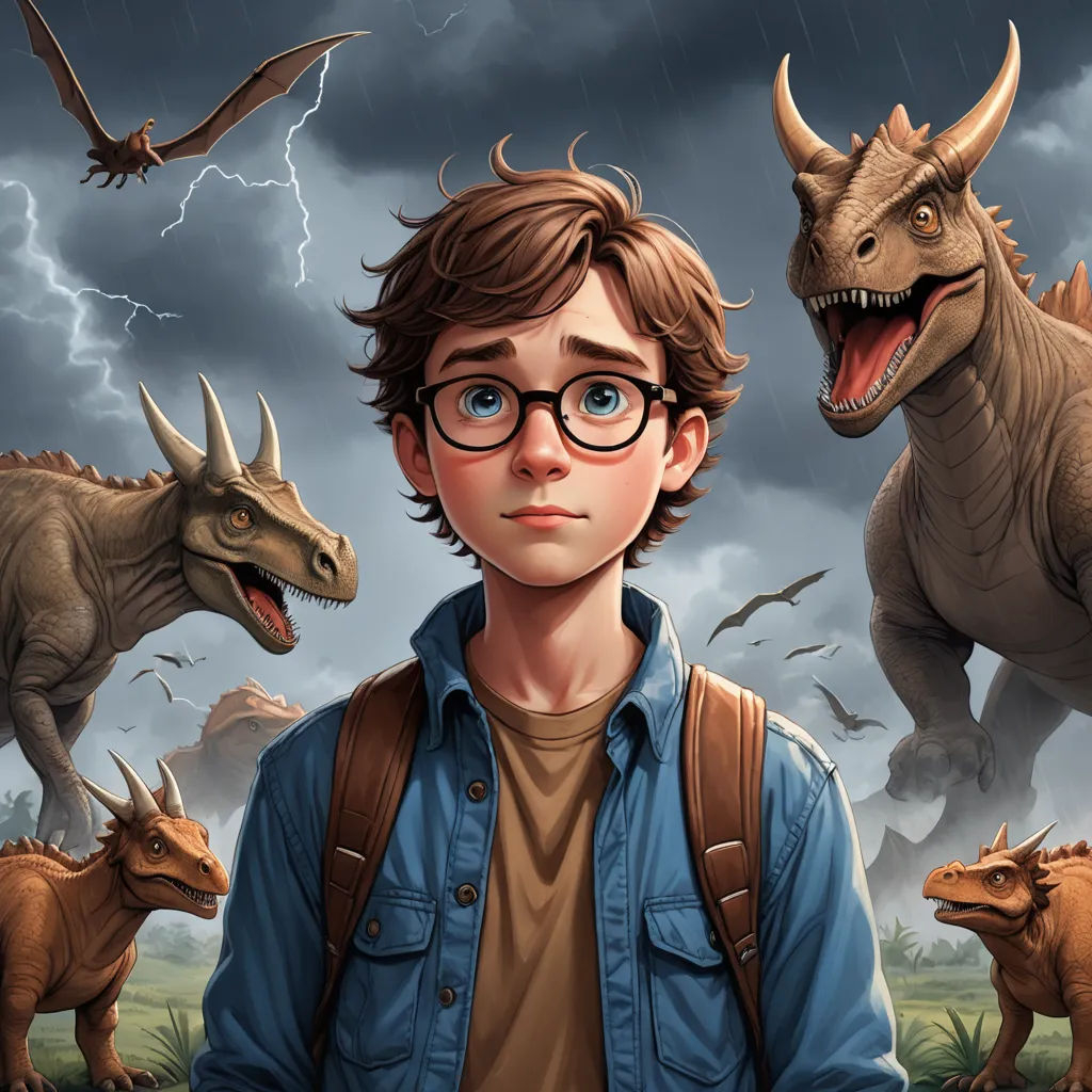 a boy with glasses standing in front of a group of dinosaurs and a man with a backpack on his shoulder, sots art, poster art, Adam Rex, key art