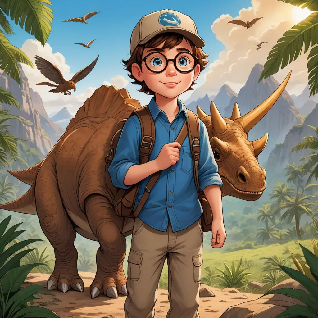 a boy with a backpack and glasses standing in front of a dinosaur and birds illustration by alex krawc, sots art, a character portrait, Adam Rex, key art