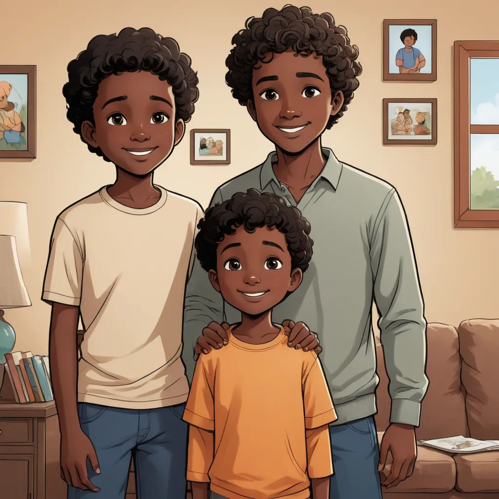 a man and two children standing in a living room with a couch and a table with a lamp on it, lyco art, a storybook illustration, Adam Manyoki, official art