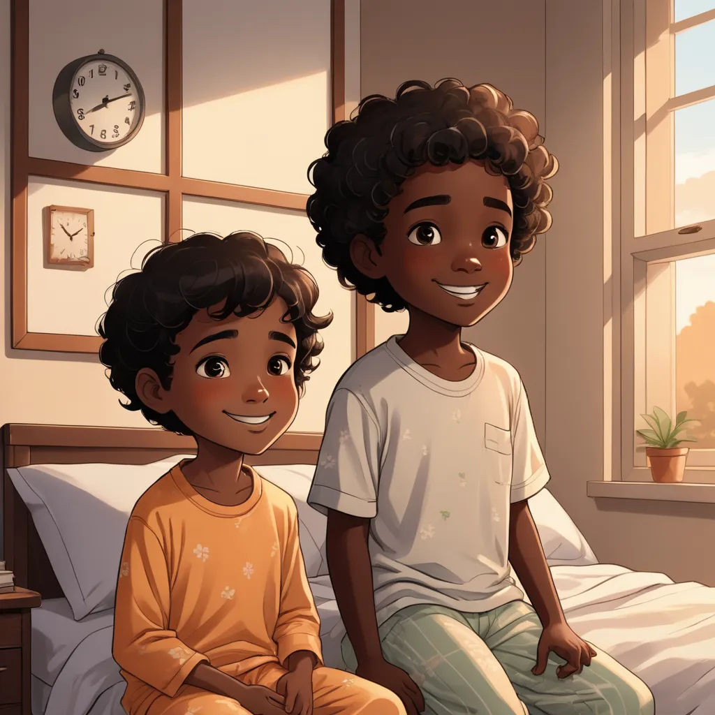 a boy and a girl sitting on a bed in a room with a clock on the wall behind them, harlem renaissance, a storybook illustration, Everett Warner, storybook illustration