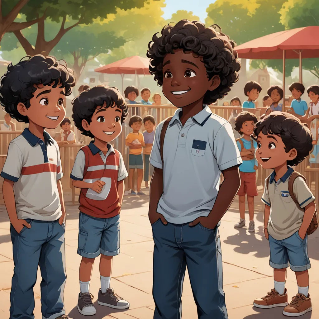 a group of young boys standing next to each other in front of a crowd of people in a park, american scene painting, a storybook illustration, Chris LaBrooy, official art