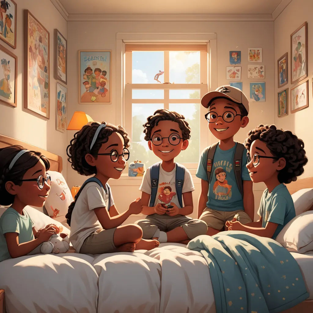 a group of children sitting on a bed together in a bedroom with a window and pictures on the wall, american scene painting, a storybook illustration, Chris LaBrooy, official art