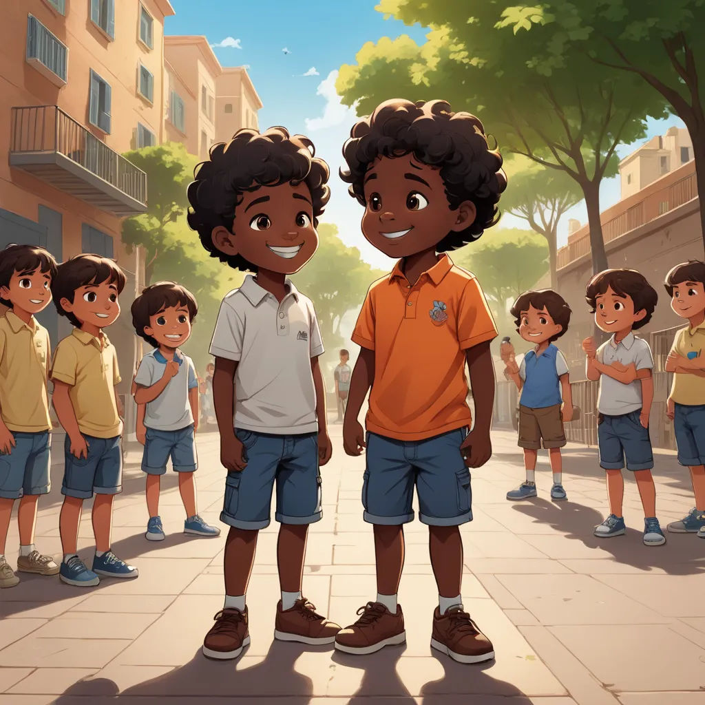 a group of children standing on a sidewalk in front of a group of buildings and trees, with a boy in the foreground, serial art, a storybook illustration, Brothers Hildebrandt, official art
