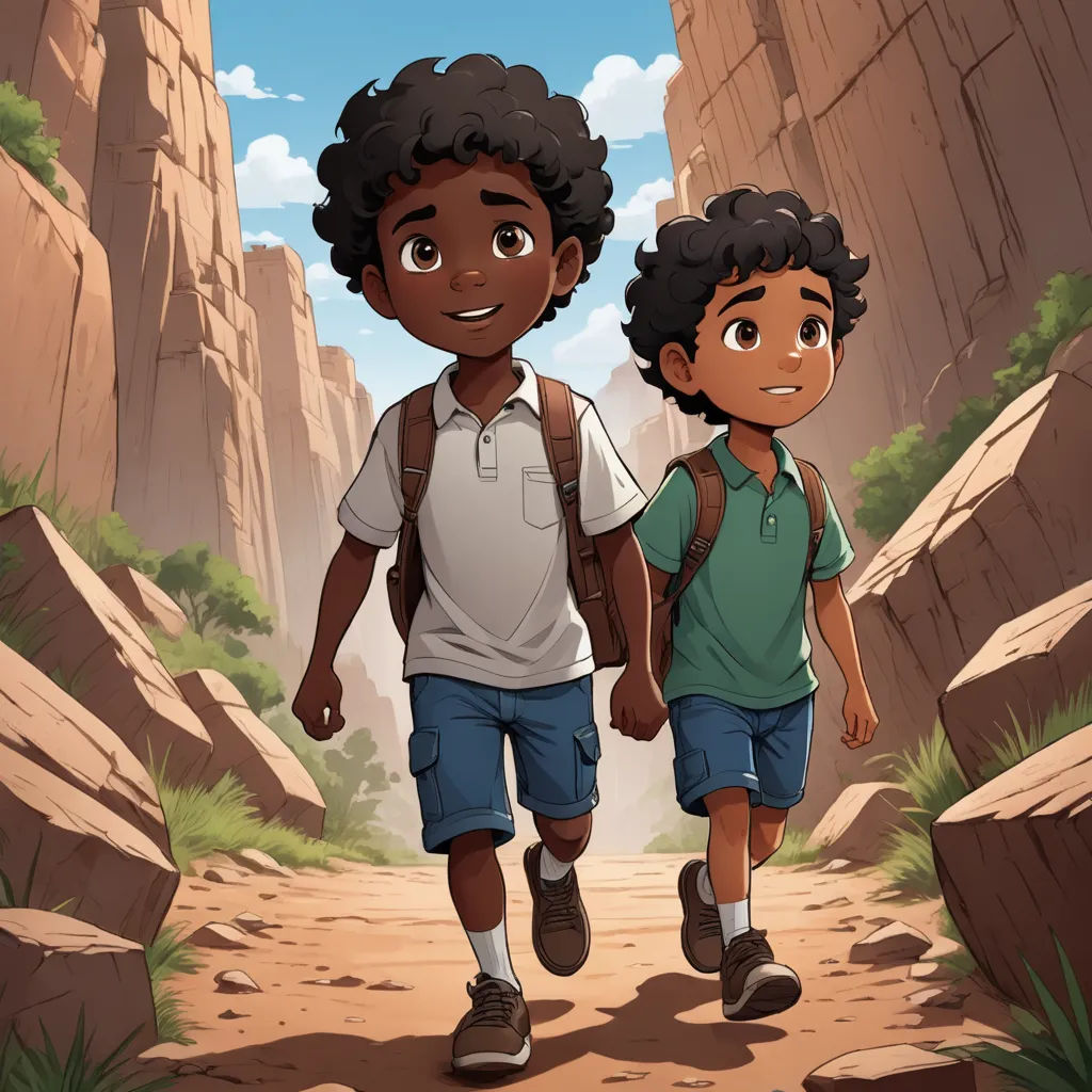 two children walking down a path in a canyon with rocks and grass on either side of them, with a sky in the background, afrofuturism, concept art, Cliff Childs, cushart krenz