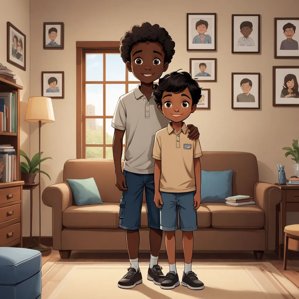 a man and a boy standing in a living room with a couch and a coffee table in front of them, sots art, a storybook illustration, Chris LaBrooy, promotional image