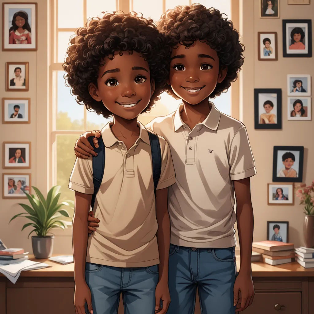 a couple of kids standing next to each other in a room with pictures on the wall and a potted plant, afrofuturism, a storybook illustration, Brothers Hildebrandt, trending on art station