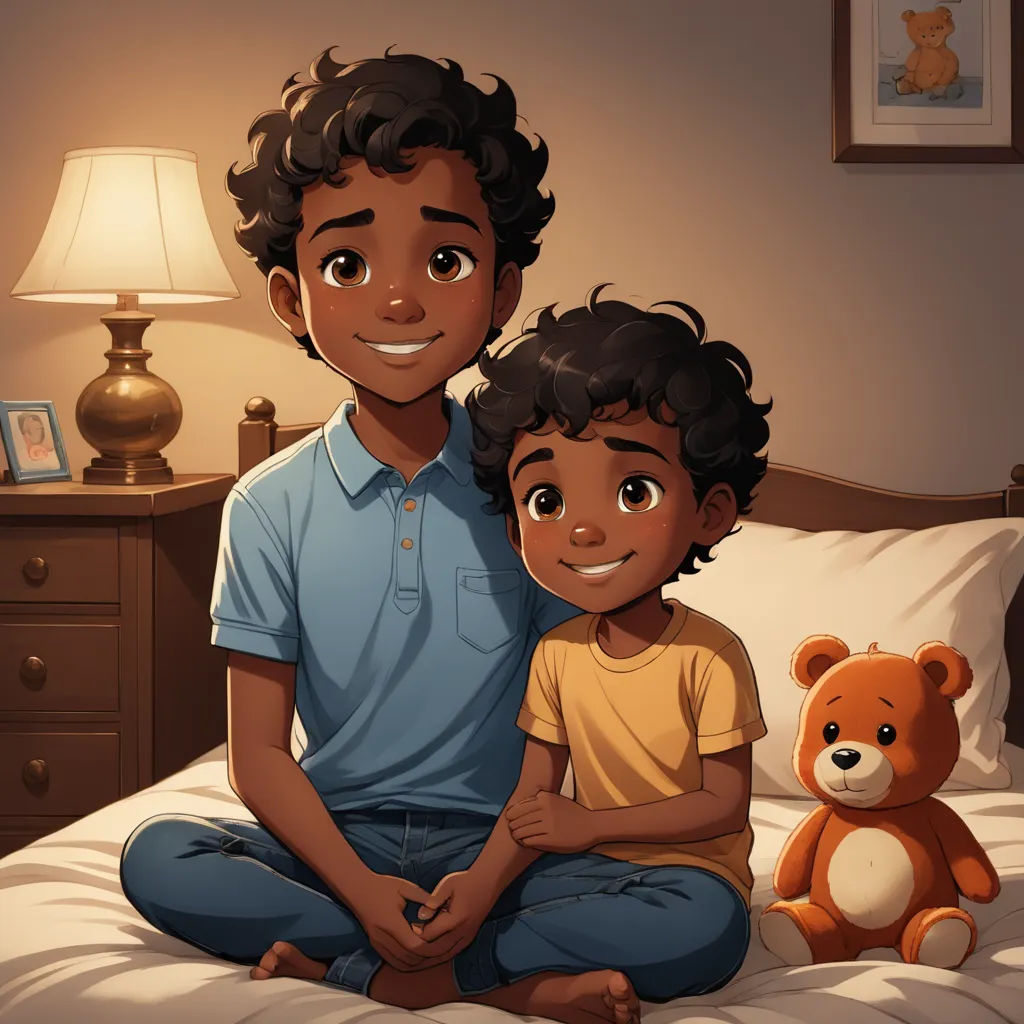 a man and a child sitting on a bed with a teddy bear in front of them and a lamp on the nightstand, sots art, concept art, Everett Warner, official art