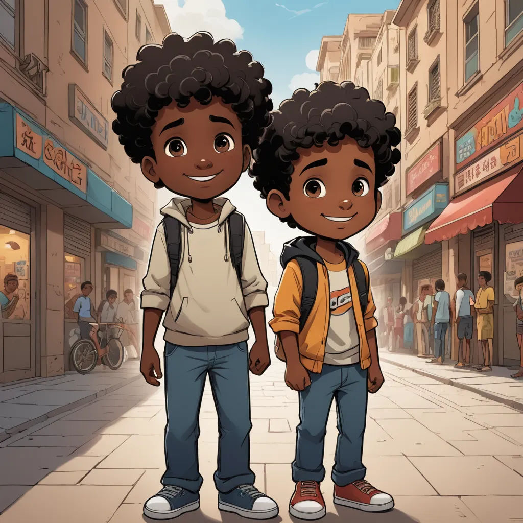 two young boys standing in the middle of a street in front of a store front with people walking by, harlem renaissance, concept art, Felix-Kelly, official art