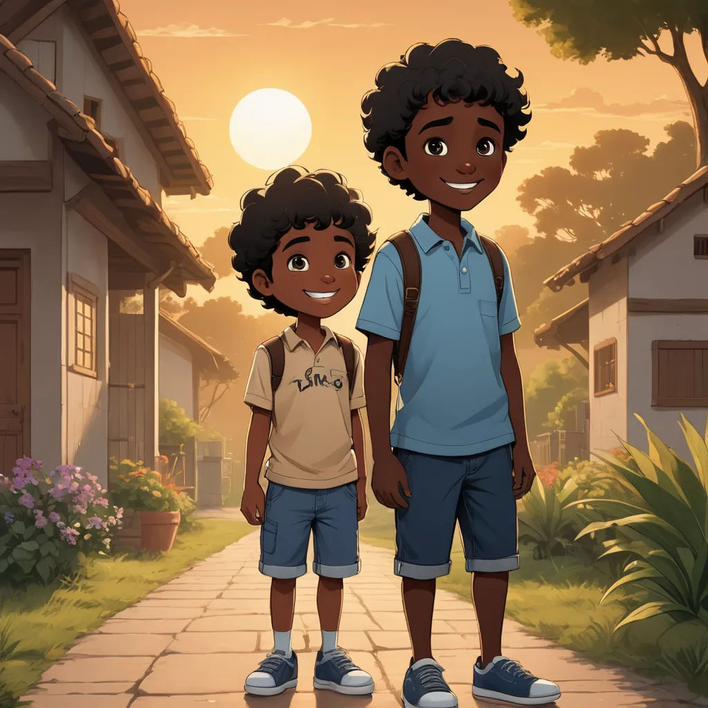 a boy and a girl standing in front of a house at sunset with the sun shining on them and a path leading to them, serial art, concept art, Cedric Seaut (Keos Masons), official art