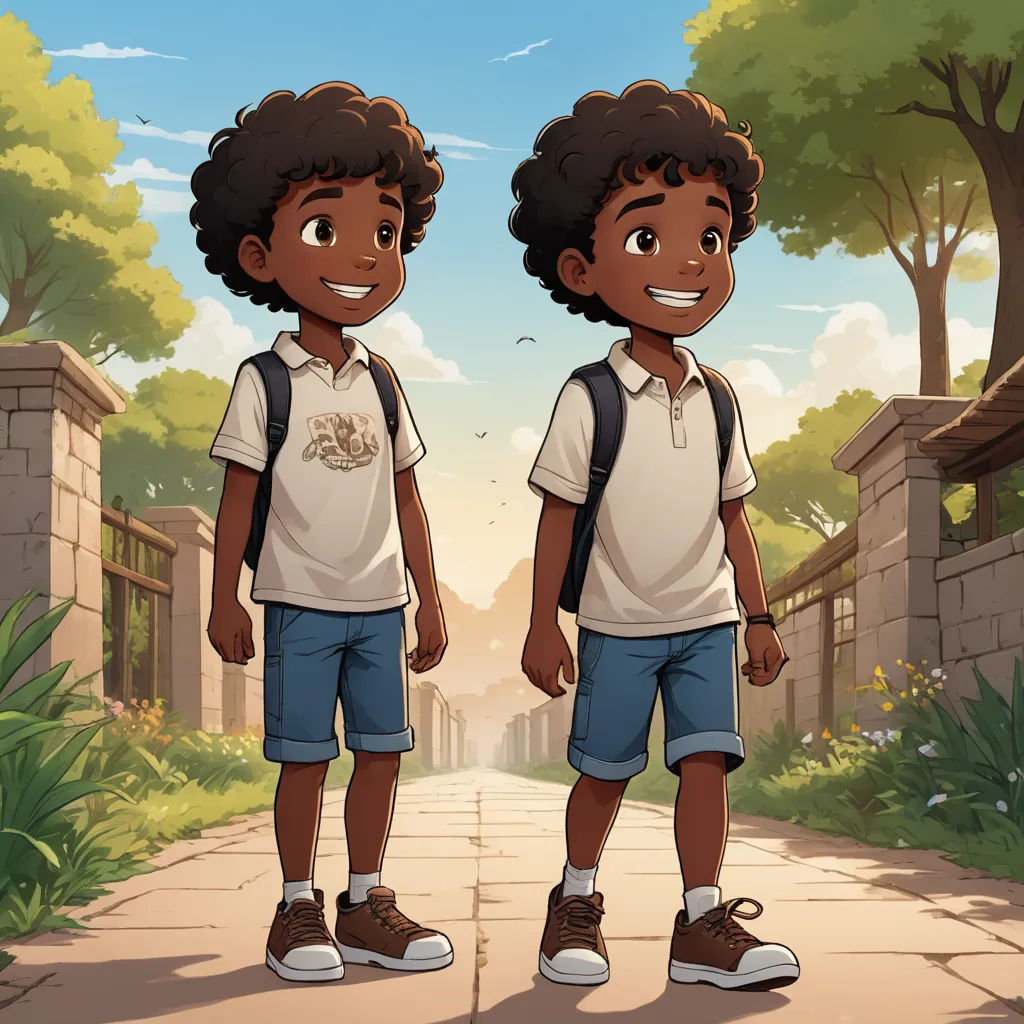 two young boys standing on a street in front of a gated area with trees and bushes on either side of the road, lyco art, concept art, Cedric Seaut (Keos Masons), official art