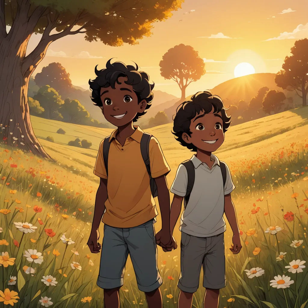 two children standing in a field of flowers at sunset with a tree in the background and a field of flowers in the foreground, environmental art, concept art, Adam Dario Keel, official art
