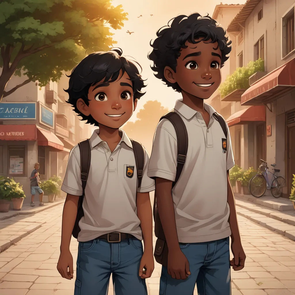 two young boys standing next to each other on a street with buildings in the background and a tree in the foreground, paris school, concept art, Brothers Hildebrandt, official art