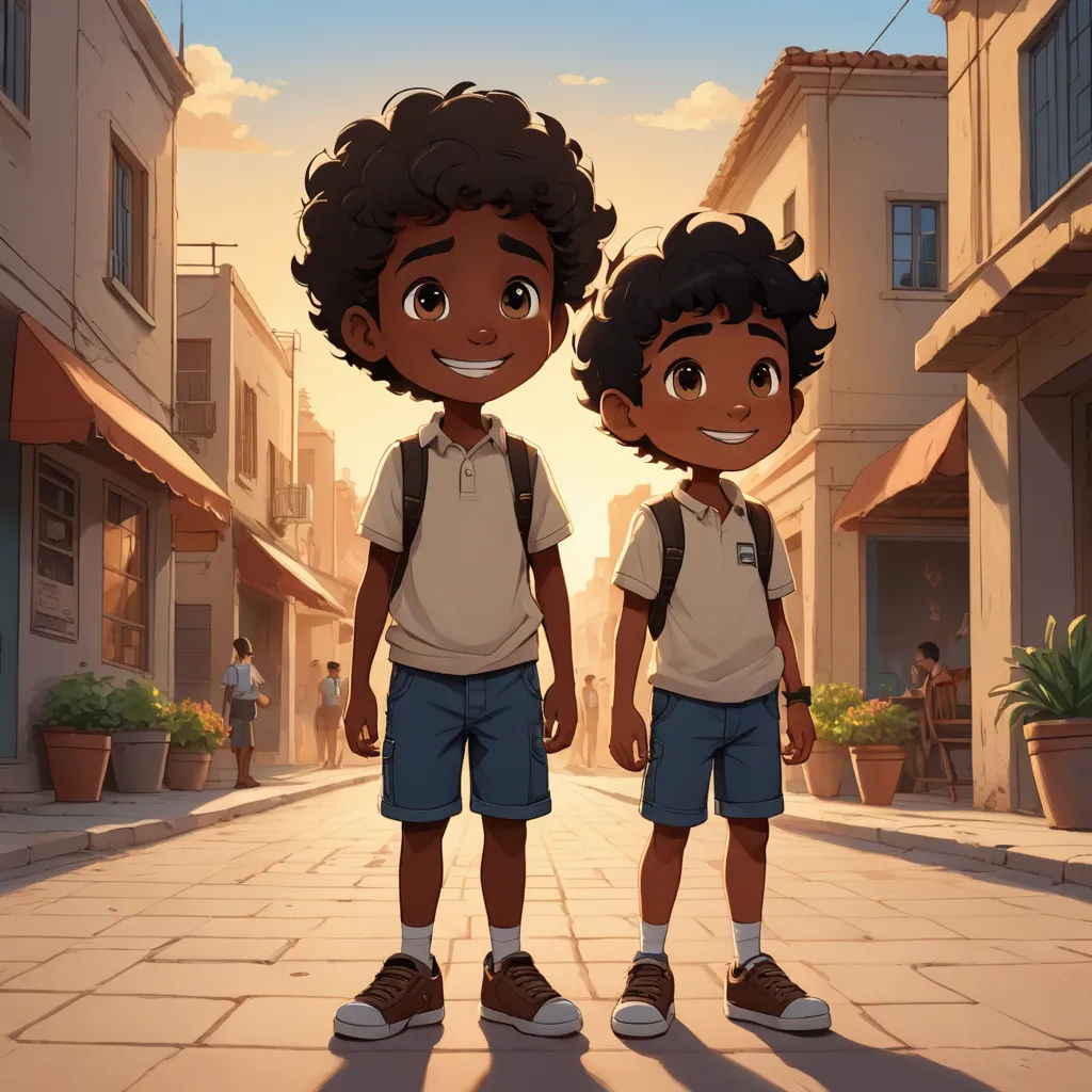 two children standing in a street with buildings in the background and a sky in the background with clouds in the sky, hurufiyya, concept art, Chris LaBrooy, official art