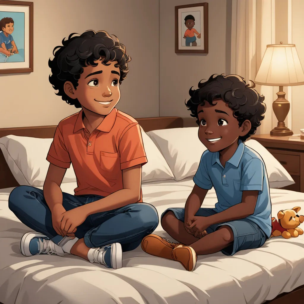 a boy and a girl sitting on a bed in a bedroom with a teddy bear on the floor and a lamp on the wall, sots art, a storybook illustration, Everett Warner, storybook illustration
