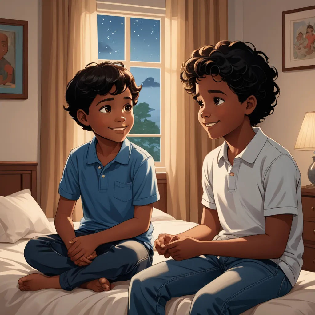 a boy and a boy sitting on a bed in a bedroom with a window and a lamp on the wall, american scene painting, a storybook illustration, Brothers Hildebrandt, official art