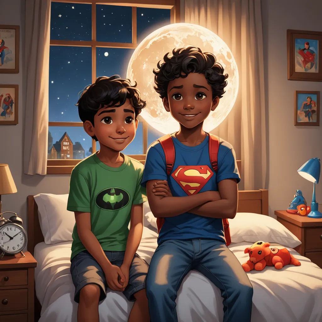 a boy and a boy sitting on a bed with a full moon in the background and a clock on the wall, afrofuturism, a storybook illustration, Everett Warner, comic cover art