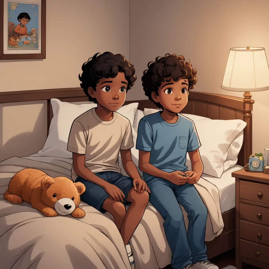a boy and a girl sitting on a bed with a teddy bear in front of them and a lamp on the nightstand, sots art, a storybook illustration, Brothers Hildebrandt, storybook illustration