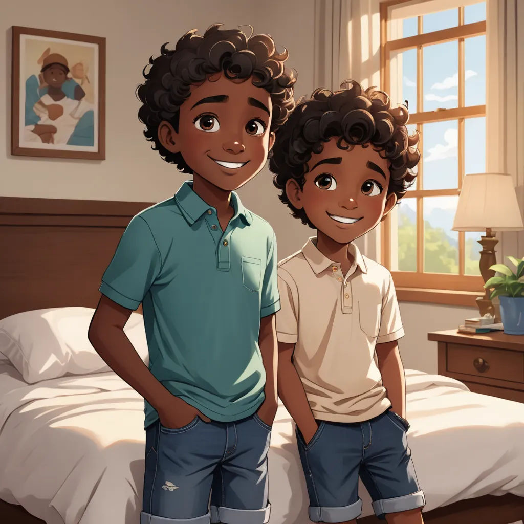 a couple of kids standing next to each other in a bedroom next to a bed and a window with a sky background, sots art, concept art, Everett Warner, official art
