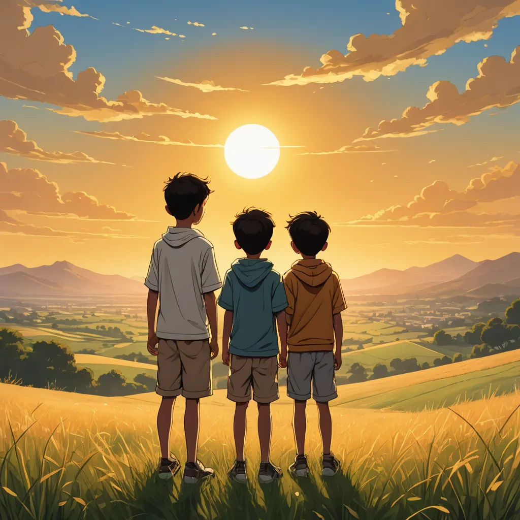three children standing in a field watching the sun set over a valley with hills in the background and a field of grass, serial art, poster art, Adam Manyoki, official art