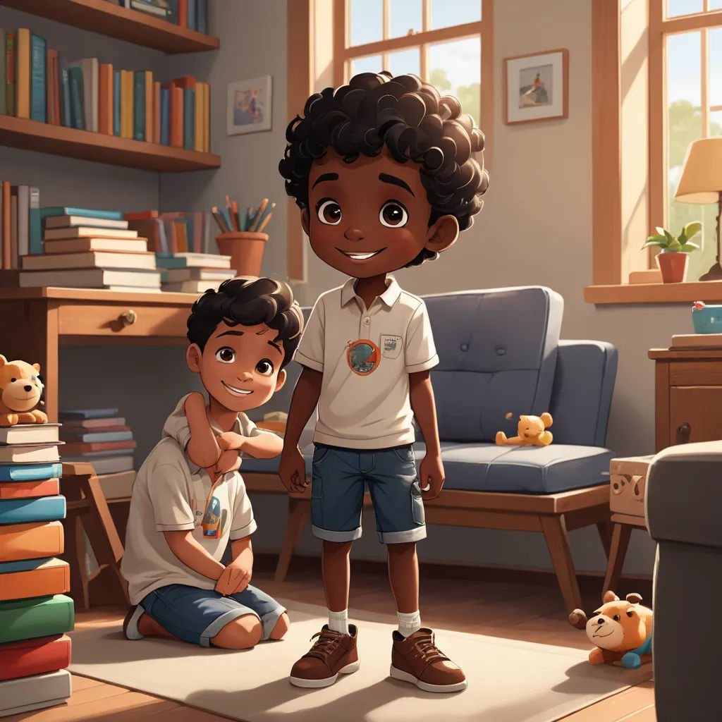 a boy and a girl are standing in a room with books and toys on the floor and a couch, sots art, a storybook illustration, Chris LaBrooy, official art