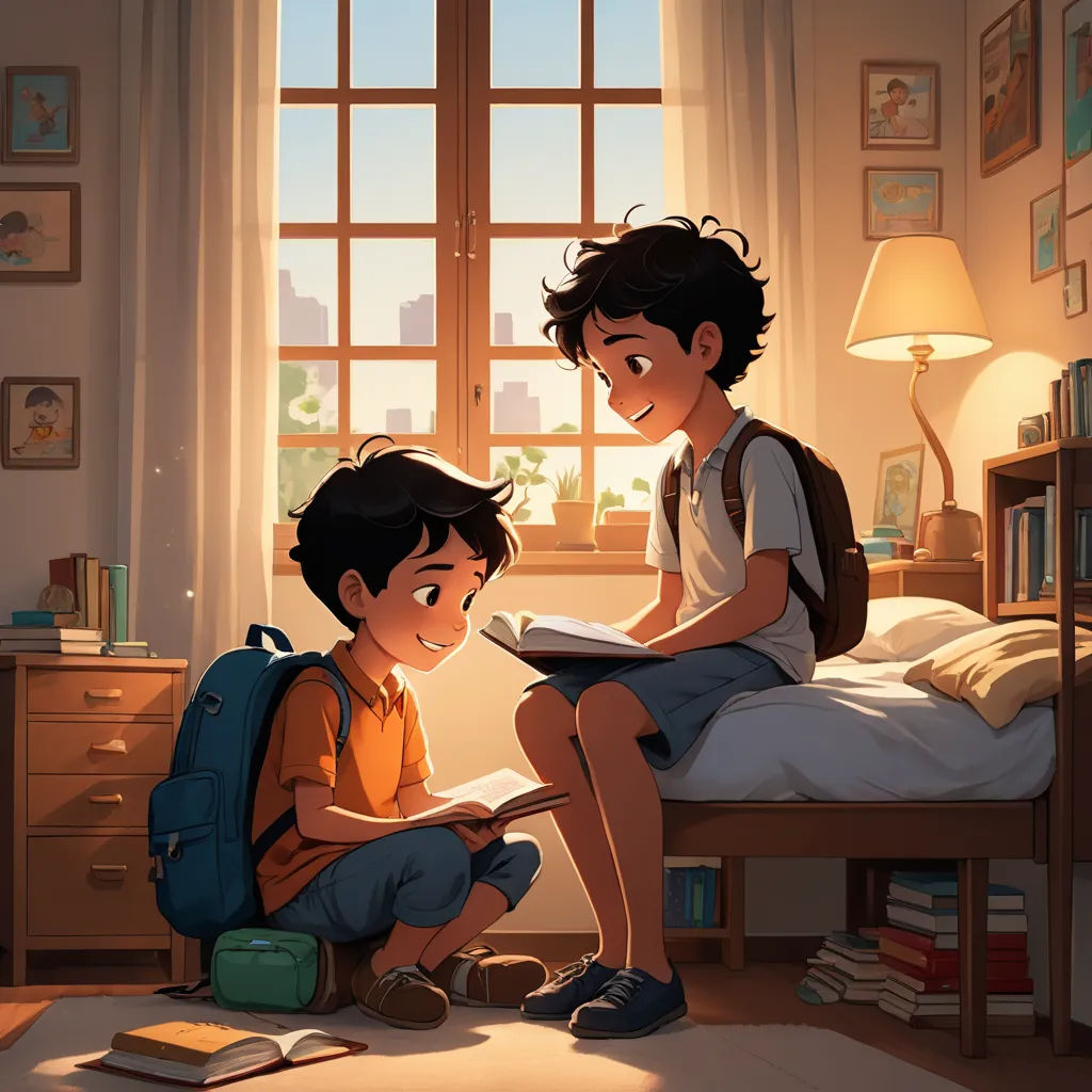 a boy and a girl sitting on a bed reading a book together in a bedroom with a window and a lamp, art & language, a storybook illustration, Diego Gisbert Llorens, rossdraws global illumination