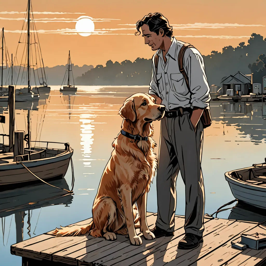 a man standing on a dock with a dog next to him and a boat in the water behind him, american scene painting, a comic book panel, Doug Wildey, graphic novel