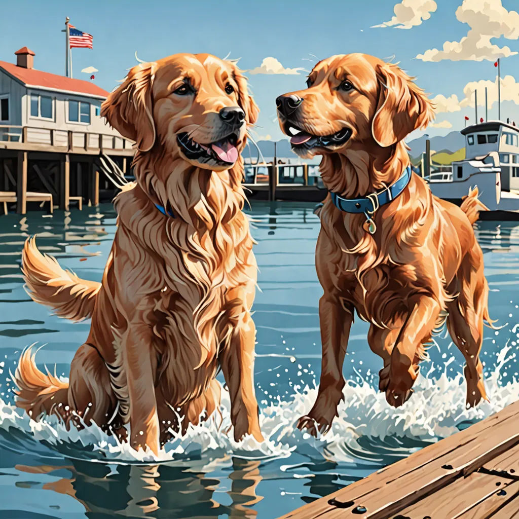 two dogs are standing in the water near a dock and a boat is in the background and a house is in the water, american scene painting, a detailed painting, Dan Mumford, highly detailed digital painting