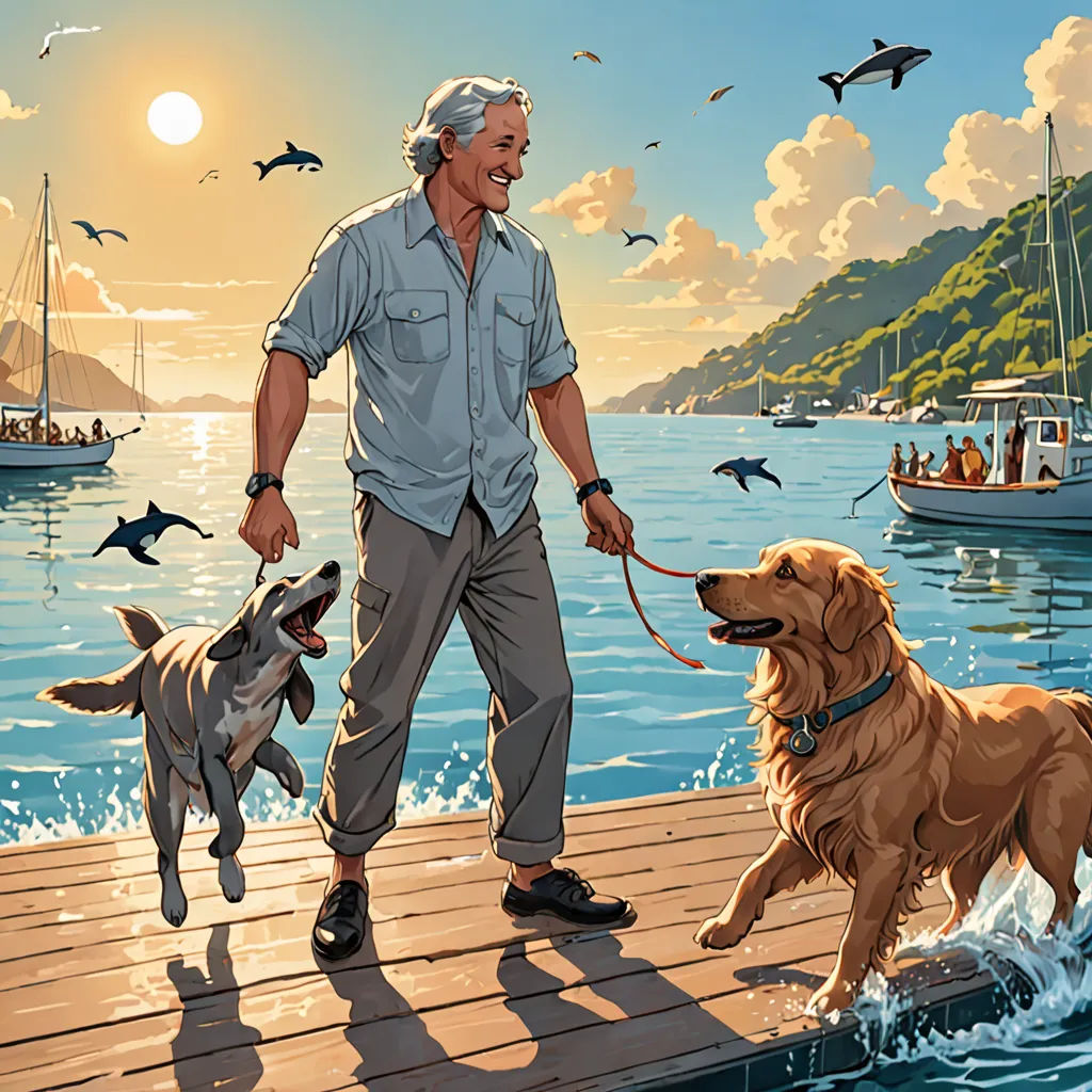 a man walking two dogs on a dock with a boat in the background and birds flying overhead in the sky, furry art, a storybook illustration, F Scott Hess, official art
