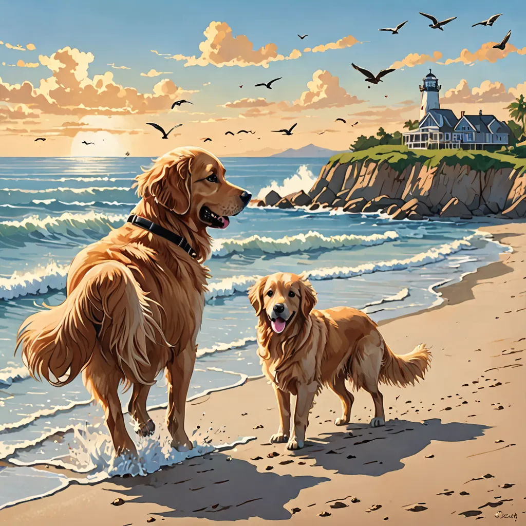 two dogs standing on a beach next to the ocean with a lighthouse in the background and birds flying overhead, american scene painting, a fine art painting, Brothers Hildebrandt, kinkade