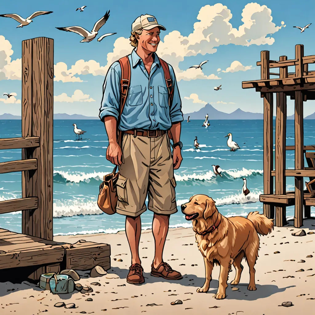 a man standing on a beach next to a dog and a pier with seagulls flying around him, lyco art, a storybook illustration, F Scott Hess, comic cover art