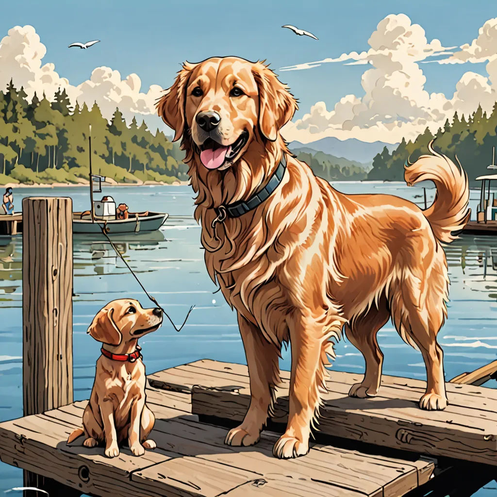 a dog and a dog sit on a dock near a lake with boats and a boathouse in the background, american scene painting, a comic book panel, Dan Mumford, highly detailed digital painting